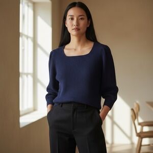 MNG Mango Navy Blue Ribbed Square Neck Puff Sleeve Sweater Feminine Size‎ Small